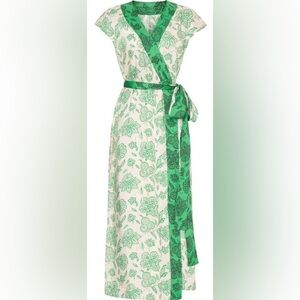 Saunders Floral Green & Pale Pink Silky Wrap Midi Dress Size 8